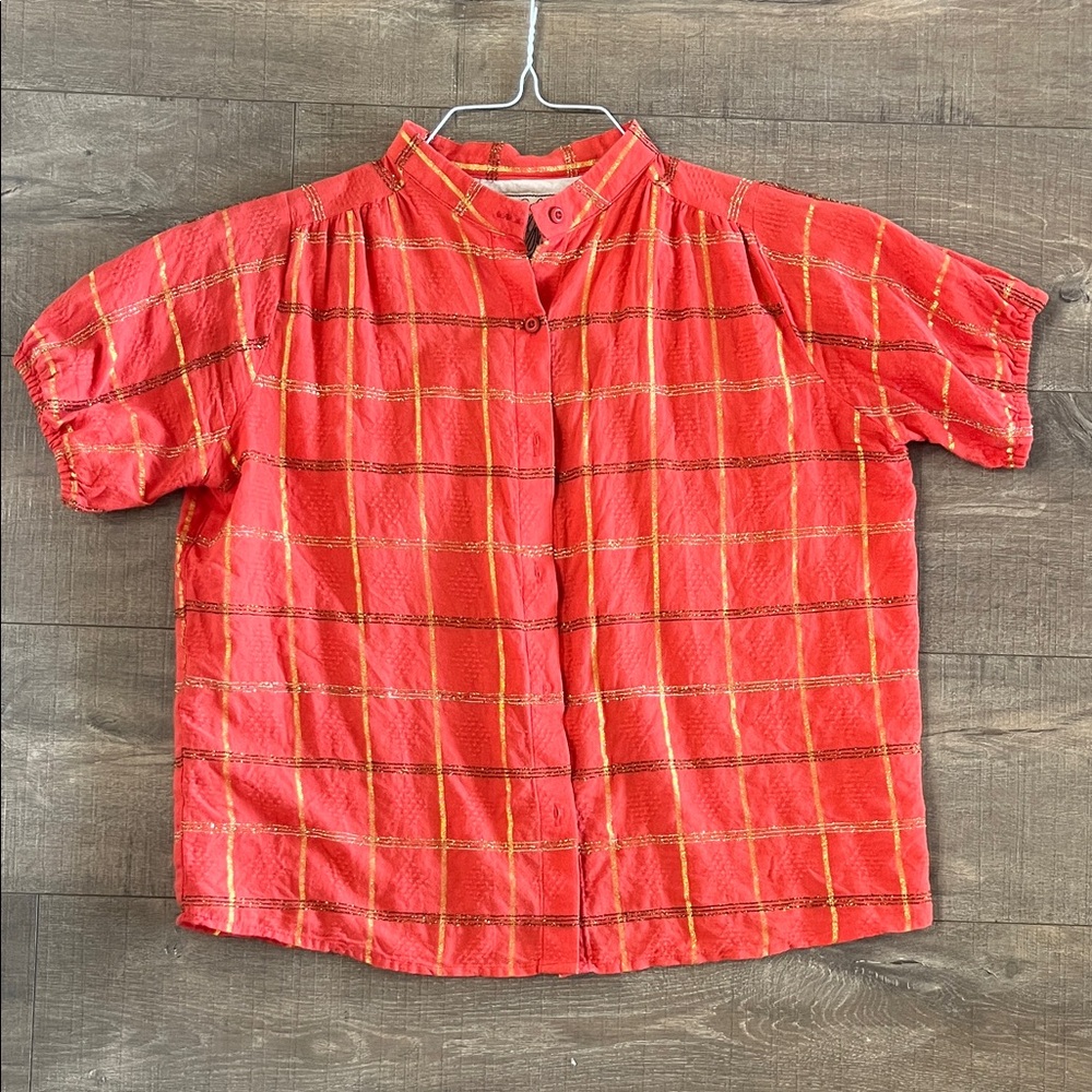 Ace & Jig Red Plaid Short-Sleeve Button Front Top